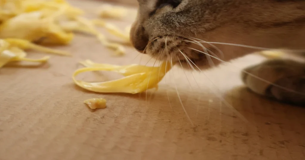 Can Cats Eat Cheese? | Close-up of a cat eating cheese from a cardboard surface.